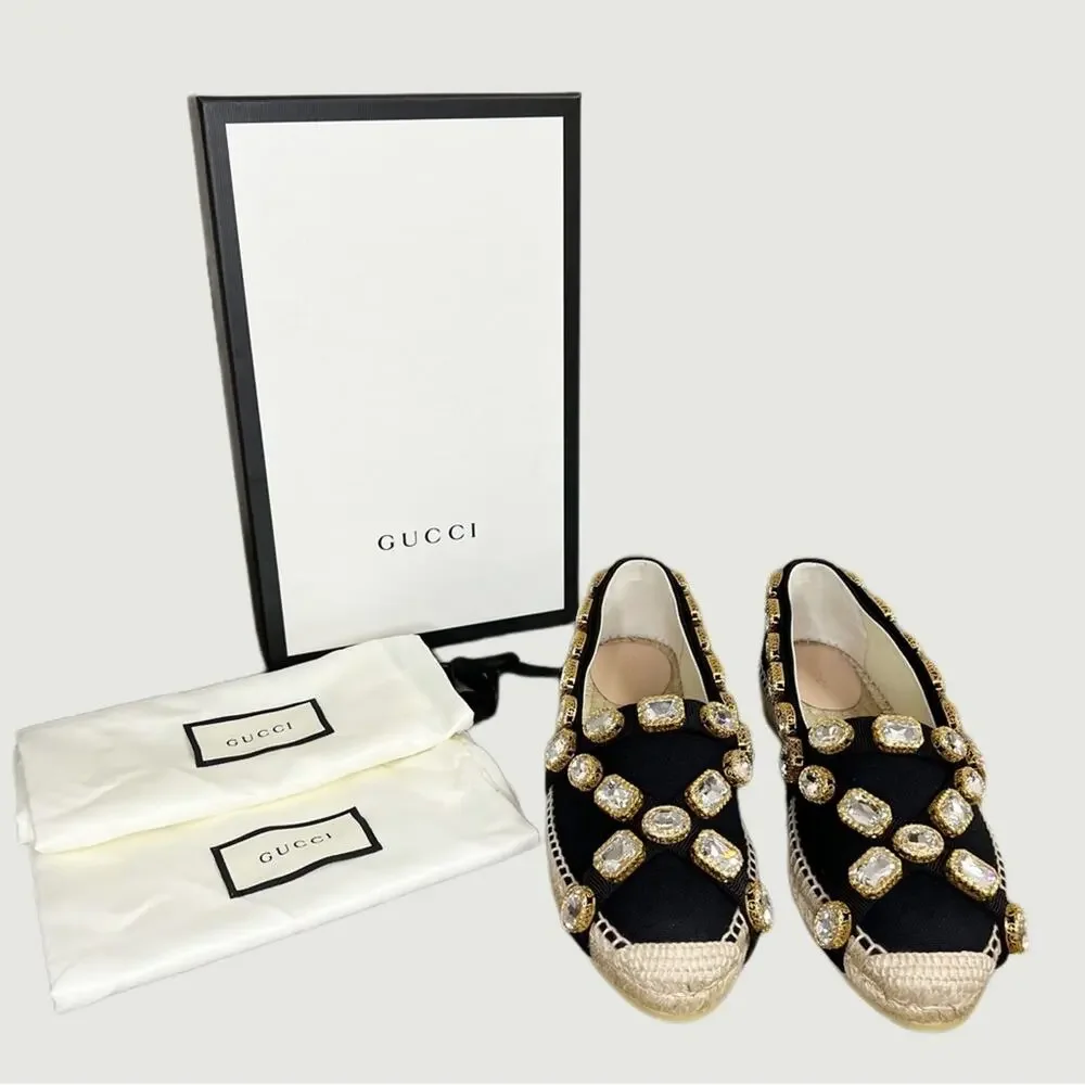 Gucci Pepita Crystal-embellished Espadrilles Black GG New NIB Size 38